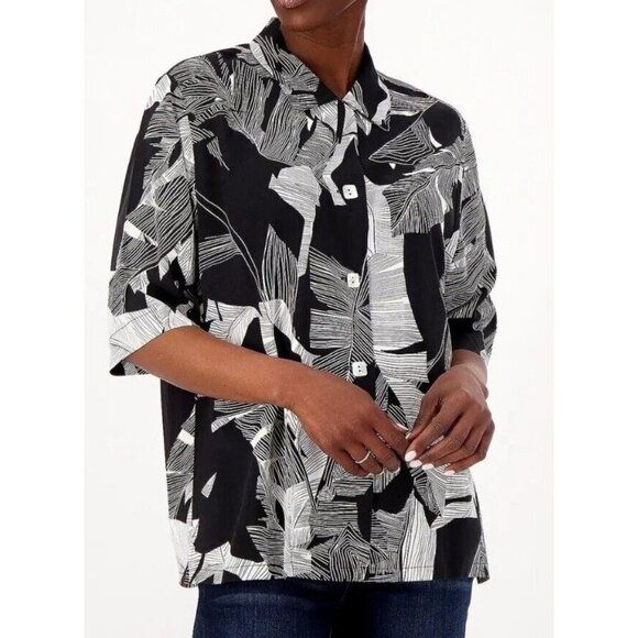 Attitudes by Renee Global Illusions Cabana Shirt Etched Palm Size 1X - Picture 1 of 1